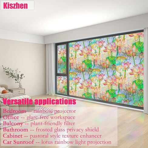 Lotus Window Privacy Film, Stained Glass Rainbow Window Film, Decorative Static Cling Frosted Glass Film, No Glue Privacy Window Cling for Bathroom Home UV Blocking, 17.5''x78.7 in Kuwait