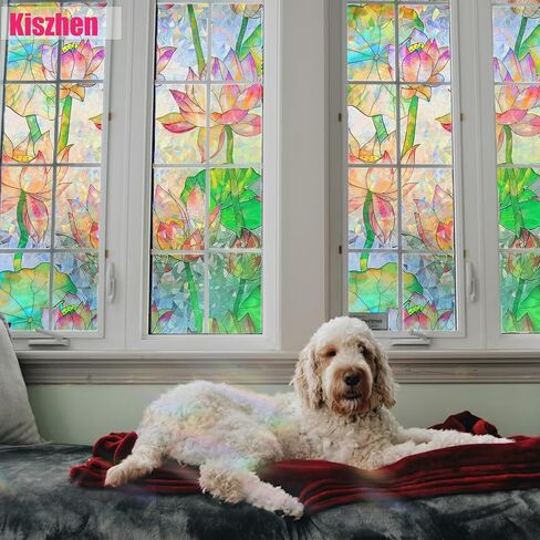 Lotus Window Privacy Film, Stained Glass Rainbow Window Film, Decorative Static Cling Frosted Glass Film, No Glue Privacy Window Cling for Bathroom Home UV Blocking, 17.5''x78.7 in Kuwait