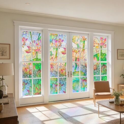 Lotus Window Privacy Film, Stained Glass Rainbow Window Film, Decorative Static Cling Frosted Glass Film, No Glue Privacy Window Cling for Bathroom Home UV Blocking, 17.5''x78.7 in Kuwait