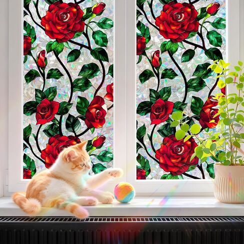 Stained Glass Window Film 17.7 x 78.7 in, Red Rose Floral Decorative Window Privacy Film UV Blocking Static Cling for Glass Windows in Home Door Sunroof in Saudi Arabia