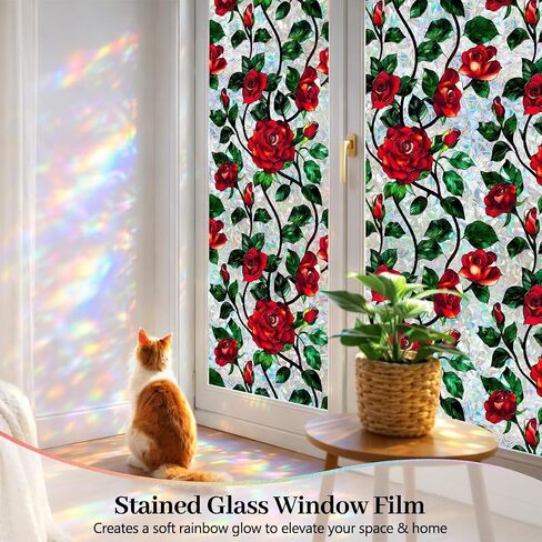 Stained Glass Window Film 17.7 x 78.7 in, Red Rose Floral Decorative Window Privacy Film UV Blocking Static Cling for Glass Windows in Home Door Sunroof in Saudi Arabia