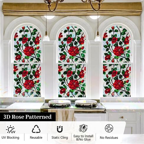 Stained Glass Window Film 17.7 x 78.7 in, Red Rose Floral Decorative Window Privacy Film UV Blocking Static Cling for Glass Windows in Home Door Sunroof in Saudi Arabia