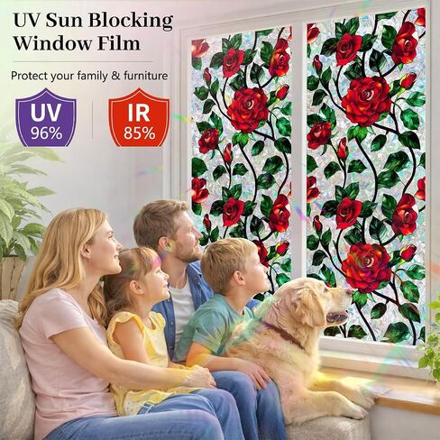 Stained Glass Window Film 17.7 x 78.7 in, Red Rose Floral Decorative Window Privacy Film UV Blocking Static Cling for Glass Windows in Home Door Sunroof in Saudi Arabia