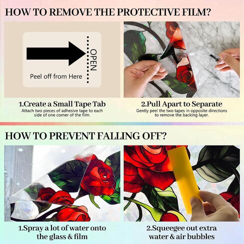 Stained Glass Window Film 17.7 x 78.7 in, Red Rose Floral Decorative Window Privacy Film UV Blocking Static Cling for Glass Windows in Home Door Sunroof in Saudi Arabia