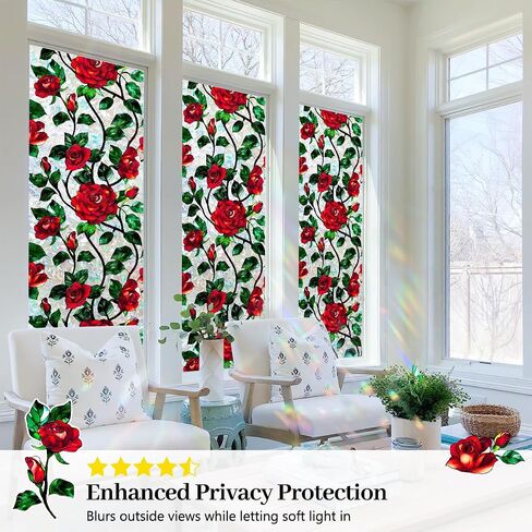 Stained Glass Window Film 17.7 x 78.7 in, Red Rose Floral Decorative Window Privacy Film UV Blocking Static Cling for Glass Windows in Home Door Sunroof in Saudi Arabia