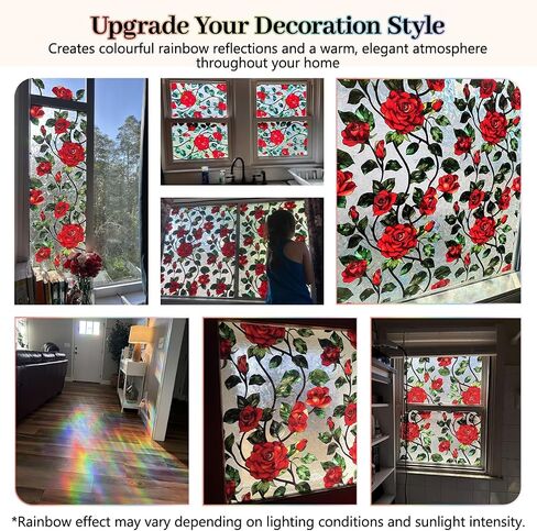 Stained Glass Window Film 17.7 x 78.7 in, Red Rose Floral Decorative Window Privacy Film UV Blocking Static Cling for Glass Windows in Home Door Sunroof in Saudi Arabia