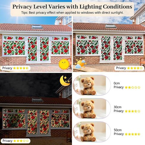 Stained Glass Window Film 17.7 x 78.7 in, Red Rose Floral Decorative Window Privacy Film UV Blocking Static Cling for Glass Windows in Home Door Sunroof in Saudi Arabia