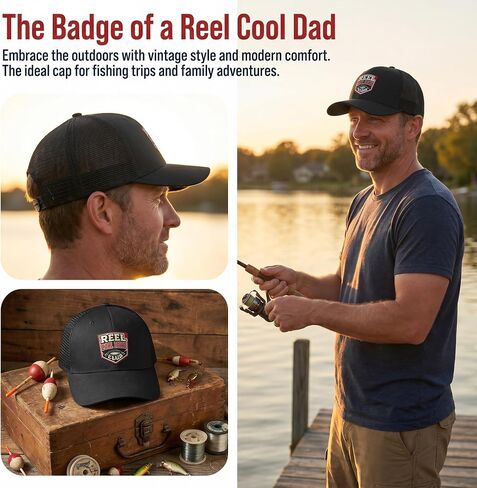 Reel Cool Dad Club Fishing Trucker Hat, Funny Embroidered Mesh Baseball Cap for Dads, Adjustable Black Fishing Hat in Saudi Arabia