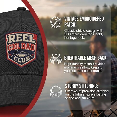 Reel Cool Dad Club Fishing Trucker Hat, Funny Embroidered Mesh Baseball Cap for Dads, Adjustable Black Fishing Hat in Saudi Arabia