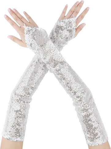 Women's Long Hook Finger Sequins Fingerless Arm Sleeves Shiny Bling Cosplay Gloves for Costume Vintage Opera Party in Kuwait
