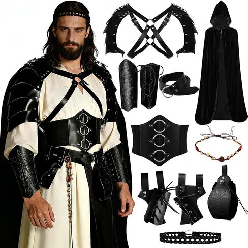 11 Pcs Men's Renaissance Costume Set-Medieval Pirate Viking Costume-Belt Shoulder Armor Bag Cosplay Halloween Accessories in Saudi Arabia