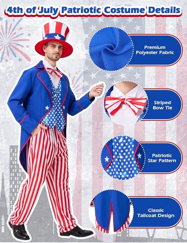Uncle Sam Costume Adult Men, 4pcs 4th of July Outfit, American Flag Patriotic Party Suit for Independence Day in Saudi Arabia