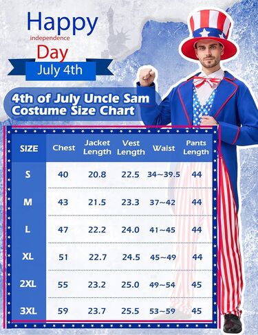 Uncle Sam Costume Adult Men, 4pcs 4th of July Outfit, American Flag Patriotic Party Suit for Independence Day in Saudi Arabia