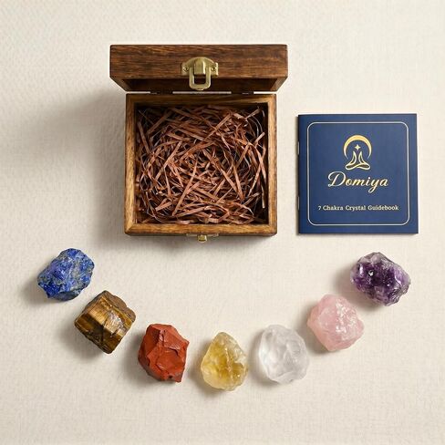7 Chakra Healing Crystals Set for Meditation & Energy Alignment - Raw Amethyst, Rose Quartz, Citrine, Lapis Lazuli, Clear Quartz, Tiger's Eye & Red Jasper - Wooden Gift Box in Kuwait