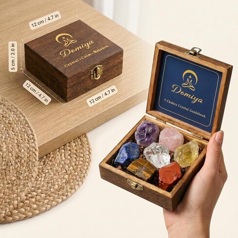 7 Chakra Healing Crystals Set for Meditation & Energy Alignment - Raw Amethyst, Rose Quartz, Citrine, Lapis Lazuli, Clear Quartz, Tiger's Eye & Red Jasper - Wooden Gift Box in Kuwait