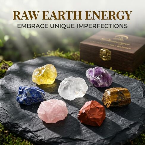 7 Chakra Healing Crystals Set for Meditation & Energy Alignment - Raw Amethyst, Rose Quartz, Citrine, Lapis Lazuli, Clear Quartz, Tiger's Eye & Red Jasper - Wooden Gift Box in Kuwait