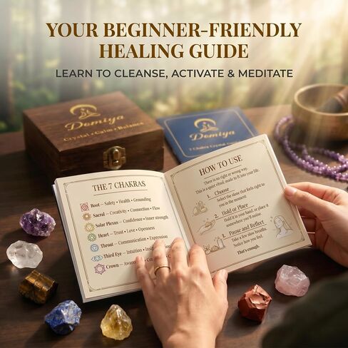 7 Chakra Healing Crystals Set for Meditation & Energy Alignment - Raw Amethyst, Rose Quartz, Citrine, Lapis Lazuli, Clear Quartz, Tiger's Eye & Red Jasper - Wooden Gift Box in Kuwait