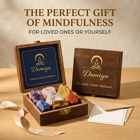 7 Chakra Healing Crystals Set for Meditation & Energy Alignment - Raw Amethyst, Rose Quartz, Citrine, Lapis Lazuli, Clear Quartz, Tiger's Eye & Red Jasper - Wooden Gift Box in Kuwait