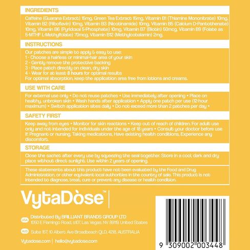 Vytadose Topical B12 Energy Patches for Mood, Energy & Cognition | Natural Caffeine Patches | Skin-Friendly, Water-Resistant | 30 Count in Saudi Arabia