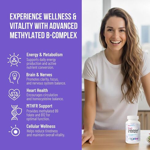 Methylated B-Complex Vitamins - Complete Bioactive Methyl B-Vitamins B12 B6 B9 5-MTHF for Energy Heart Brain & Methylation - Women Men Bio Active Nutrients MTHFR Multivitamins Support in Kuwait