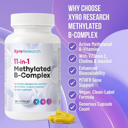 Methylated B-Complex Vitamins - Complete Bioactive Methyl B-Vitamins B12 B6 B9 5-MTHF for Energy Heart Brain & Methylation - Women Men Bio Active Nutrients MTHFR Multivitamins Support in Kuwait