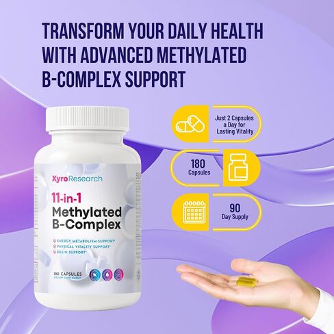 Methylated B-Complex Vitamins - Complete Bioactive Methyl B-Vitamins B12 B6 B9 5-MTHF for Energy Heart Brain & Methylation - Women Men Bio Active Nutrients MTHFR Multivitamins Support in Kuwait