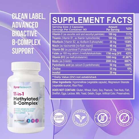 Methylated B-Complex Vitamins - Complete Bioactive Methyl B-Vitamins B12 B6 B9 5-MTHF for Energy Heart Brain & Methylation - Women Men Bio Active Nutrients MTHFR Multivitamins Support in Kuwait