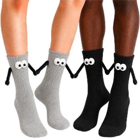 Magnetic Holding Hands Socks, Funny Crazy Silly Couple Socks 2 Pairs | Magnetic hands hold when close; secure 3D eyes, fits US 5-10, machine or hand wash, fun gift for kids and adults. in Kuwait