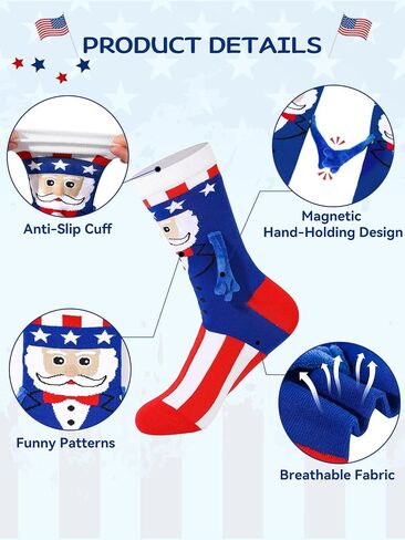4th of July Magnetic Holding Hands Socks, Funny American Flag Socks For Men Women, USA Sock for Adults Independence Day in Saudi Arabia