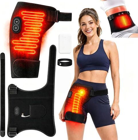 2-in-1 Hip Heating Pad with Massage for Pain Relief & Sciatica Support, Wearable Adjustable Hip & Thigh Brace with 5000ml Portable Power Bank, Women Men Heated Hip Brace for Home Office in Kuwait