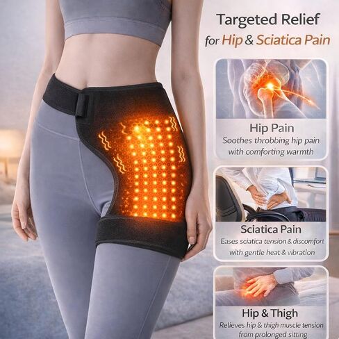 2-in-1 Hip Heating Pad with Massage for Pain Relief & Sciatica Support, Wearable Adjustable Hip & Thigh Brace with 5000ml Portable Power Bank, Women Men Heated Hip Brace for Home Office in Kuwait