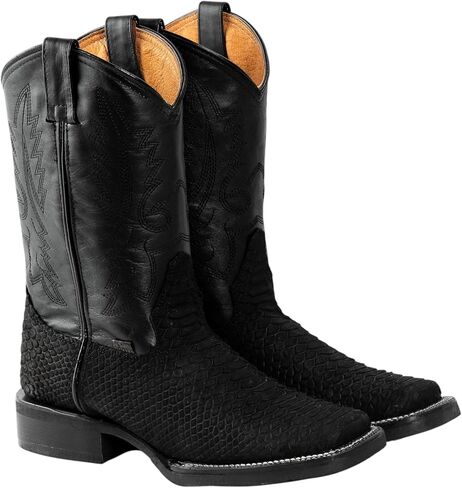 Men’s Cowboy Boots Exotic Snakeskin Genuine Leather Python Print Western Boots Black Square Toe Mid Calf Pull On Rubber Sole for Rodeo Line Dancing Concerts and Casual Nights Out in Kuwait