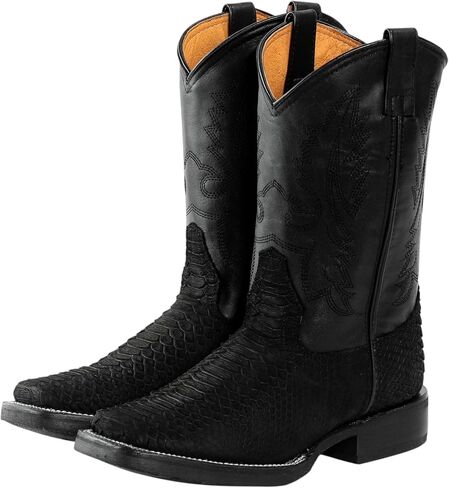Men’s Cowboy Boots Exotic Snakeskin Genuine Leather Python Print Western Boots Black Square Toe Mid Calf Pull On Rubber Sole for Rodeo Line Dancing Concerts and Casual Nights Out in Kuwait