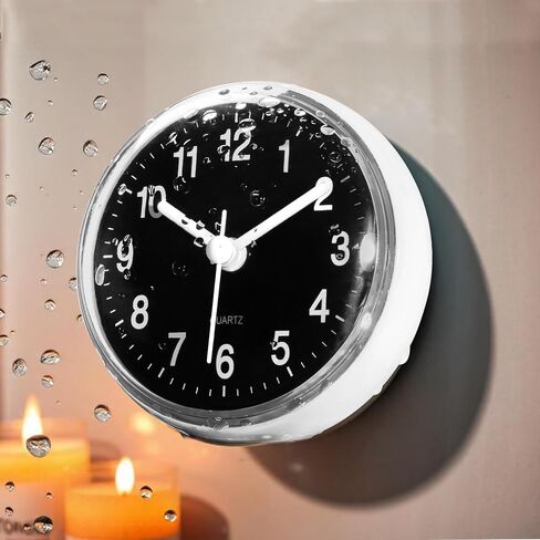 Silent Waterproof Bathroom Clock with Suction Cup - Compact Battery Operated Clock for Shower, Kitchen, Desk, or Bedroom Use (Black) in Kuwait