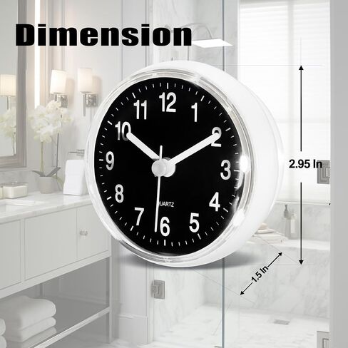 Silent Waterproof Bathroom Clock with Suction Cup - Compact Battery Operated Clock for Shower, Kitchen, Desk, or Bedroom Use (Black) in Kuwait