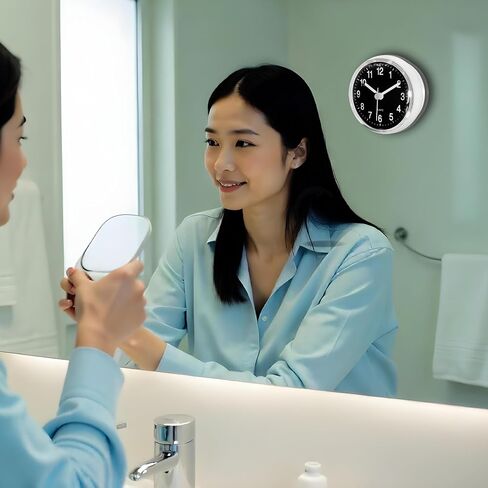 Silent Waterproof Bathroom Clock with Suction Cup - Compact Battery Operated Clock for Shower, Kitchen, Desk, or Bedroom Use (Black) in Kuwait