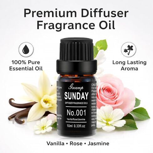 Gooamp SUNDAY-001 Diffuser Oil Essential Oils Blend - Vanilla/Rose/Jasmine - 10mL 0.33fl.oz - Suitable for Water, Anhydrous, Reed, Cold Air, and Automobile Diffusers - Ideal for DIY Crafts in Saudi Arabia