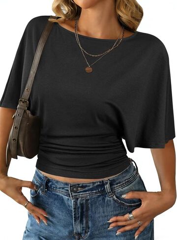 Remidoo Women's Cinched Waisted Tops Batwing Short Sleeve Tee Ruched T Shirt in Kuwait