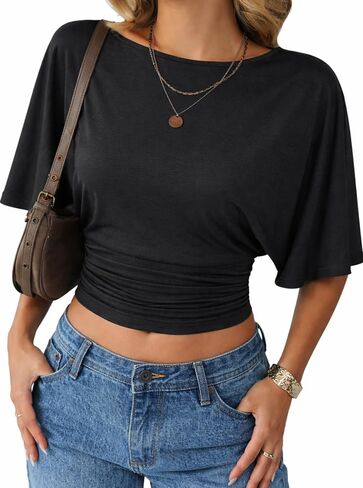 Remidoo Women's Cinched Waisted Tops Batwing Short Sleeve Tee Ruched T Shirt in Kuwait