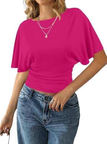 Remidoo Women's Cinched Waisted Tops Batwing Short Sleeve Tee Ruched T Shirt in Kuwait