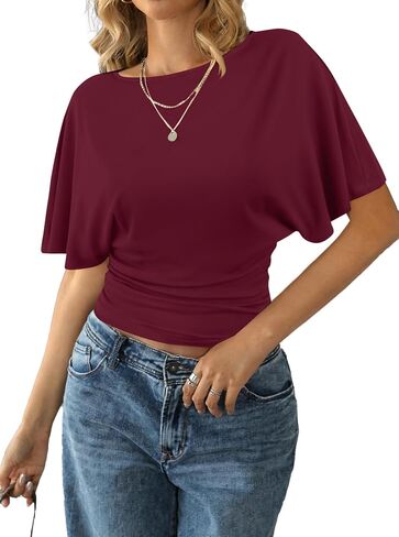 Remidoo Women's Cinched Waisted Tops Batwing Short Sleeve Tee Ruched T Shirt in Kuwait