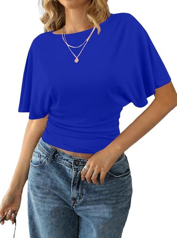 Remidoo Women's Cinched Waisted Tops Batwing Short Sleeve Tee Ruched T Shirt in Kuwait