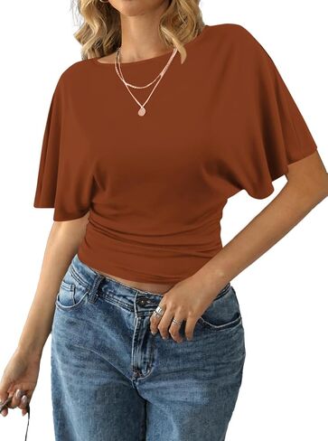 Remidoo Women's Cinched Waisted Tops Batwing Short Sleeve Tee Ruched T Shirt in Kuwait