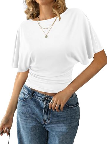Remidoo Women's Cinched Waisted Tops Batwing Short Sleeve Tee Ruched T Shirt in Kuwait