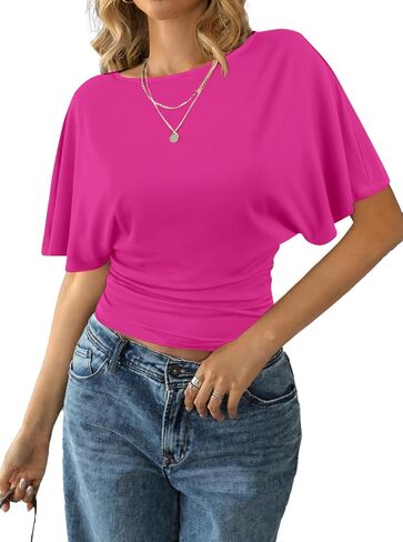 Remidoo Women's Cinched Waisted Tops Batwing Short Sleeve Tee Ruched T Shirt in Kuwait
