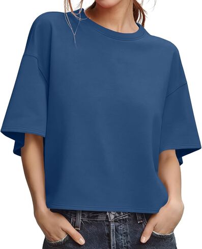 UNCLECAT Womens Oversized T Shirts Summer Short Sleeve Cropped Tops Workout Crewneck Causal Tee in Kuwait