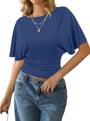 Remidoo Women's Cinched Waisted Tops Batwing Short Sleeve Tee Ruched T Shirt in Kuwait
