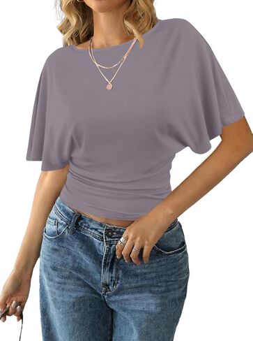 Remidoo Women's Cinched Waisted Tops Batwing Short Sleeve Tee Ruched T Shirt in Kuwait