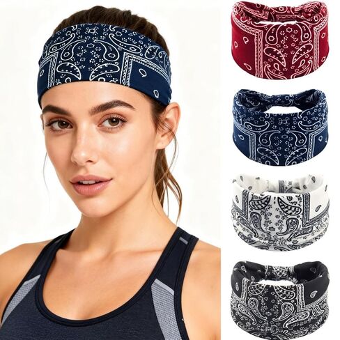Wide BOHO Knotted Headbands Yoga Hair band Sport Bandeau Thick African Head Wraps Stretch Bands Hair Scarf Pack of 4 (Moon, One Size) in Saudi Arabia