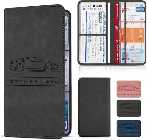 Car Registration and Insurance Card Holder, Magnetic Closure Leather Vehicle Document Organizer, Neat Stitched Glove Box Storage Case, Compact Lightweight Card Holder for Driver License - Black in Kuwait